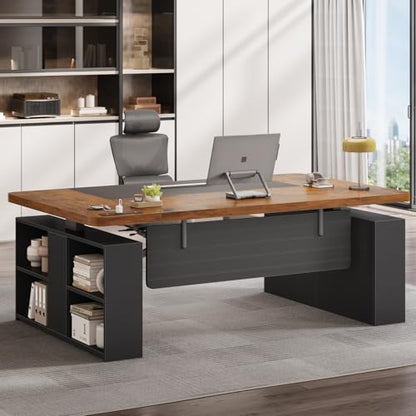 SEDETA 63" Executive Standing Desk with Storage, Executive Height Adjustable Desk with Power Outlets, Large Computer Office Desk with Privacy Panel for Home Office, Brown+Black - color: Rustic Brown