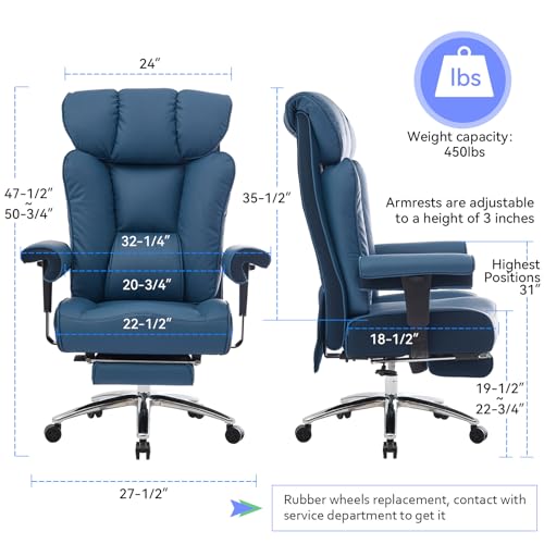 Efomao Big and Tall Office Chair 400lbs - Heavy Duty Executive Desk Chair with Foot Rest & 23" Wide Seat - High Back Ergonomic Leather Computer Chair for Heavy People, Home Office, Blue - color: 3060-blue