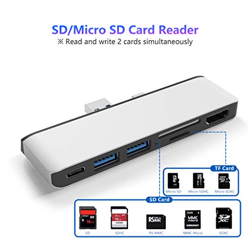Surface Pro 7 USB C Hub, 6-in-2 Aluminum Surface Pro 2019 Dock with 4K HDMI Adapter+ USB C Audio & Data Transfer Port +2 USB 3.0+SD/TF Card Reader, Converter Combo Adaptor for Surface Pro 7 - color: Silver
