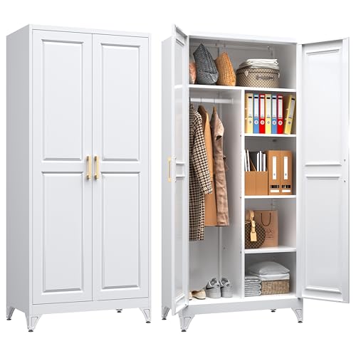SteeLoong Armoire Wardrobe Closet,71" H Wardrobe Cabinet with Hanging Rod | Metal Wardrobe Closet with Doors,White Clothing Storage Cabinet 3 Adjustable Shelves,Storage Locker for Bedroom,garage,Office - color: White, style: 71"H No Lock