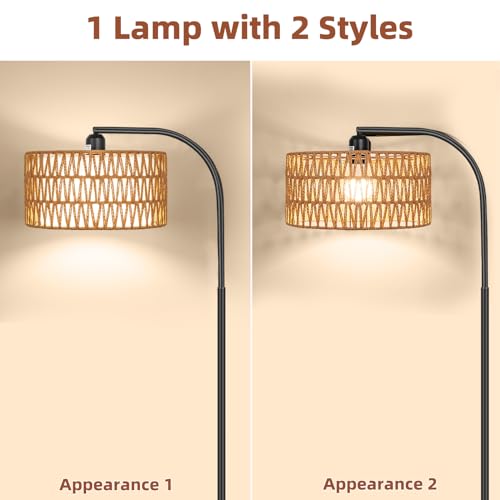 Rattan Floor Lamps for Living Room with Dimmable 9W LED Bulb Farmhouse | Remote Control Boho Standing Lamps with Rattan& Linen Double Shades, Arc Lamps Reading Floor Tall Lamp for Bedroom - style: Cylinder-Black