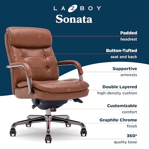 La-Z-Boy Sonata Executive Mid-Back Office Chair, Button-Tufted Seat and Back, Double-Layer Cushion, Padded Armrests, Ergonomic Computer DeskChair, Swivel Metal Base, Bonded Leather, Cognac/Graphite - color: Cognac and Graphite