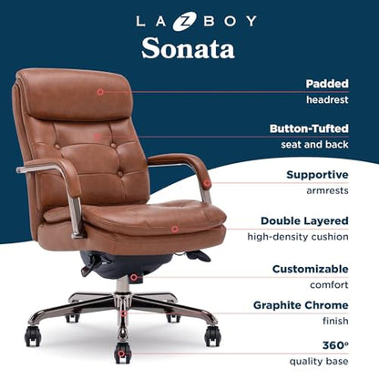 La-Z-Boy Sonata Executive Mid-Back Office Chair, Button-Tufted Seat and Back, Double-Layer Cushion, Padded Armrests, Ergonomic Computer DeskChair, Swivel Metal Base, Bonded Leather, Cognac/Graphite - color: Cognac and Graphite