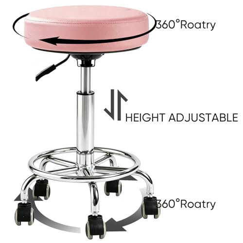 500lb heavy-duty Rolling Stool with Wheels,9.5cm thick Comfort cushion - color: Pink-2