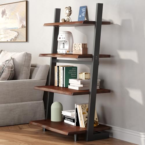 IBF 4-Tier Solid Wood Ladder Bookshelf with Natural Live Edge | Rustic Walnut Storage & Display Leaning Bookcase, Modern Space-Saving Shelf for Living Room, Bedroom, Home Office - size: 4 Tier