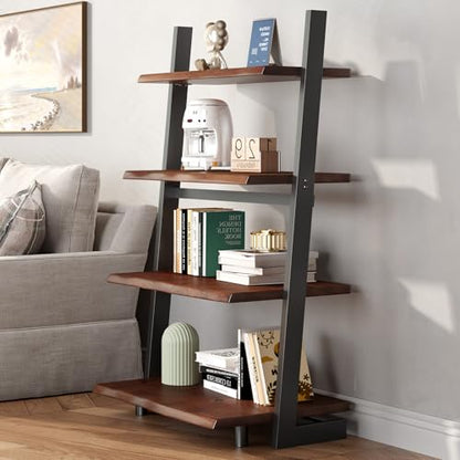 IBF 4-Tier Solid Wood Ladder Bookshelf with Natural Live Edge | Rustic Walnut Storage & Display Leaning Bookcase, Modern Space-Saving Shelf for Living Room, Bedroom, Home Office - size: 4 Tier
