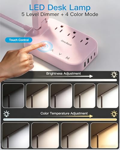 LED Desk Lamp, Power Strip with 4 USB 3 Outlets, Dorm Room Essentials, Pink - color: Pink, size: 5 Ft