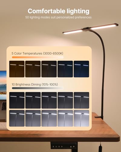 VEVOR LED Desk Lamp with Clamp, Double Head Architect Desk Lamp for Home Office, Eye-Caring Desk Light with 360° Adjustable Gooseneck, 50 Lighting Modes & Timer Function for Studying Working Drawing