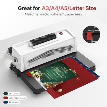 Spiral Coil Binding Machine with Electric Coil Inserter, Home School | Office Notebook Homework, 20 Sheets Punch, A4/A5/Letter Size, Adjustable Paper Margin, 46 Hole Adjustable Disengageable Pins - color: White