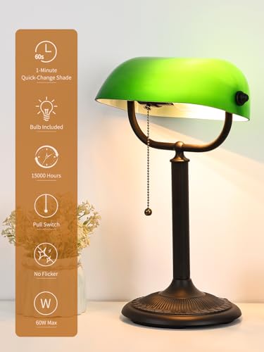 1-Minute Quick-Change Shade Antique Green Glass Bankers Desk Lamp | Study Office Library,LED Bulb Included - color: Green-AG