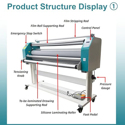 64" Full Automatic Pneumatic Laminating Machine, 110V Single Sided Laminator, 1.38" Max Thickness, Hot & Cold Roll Laminator with Foot Pedal & 4 Cutters, for Advertising, Printing, Packaging