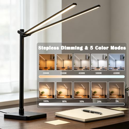 BOHON Desk Lamp for Home Office Dual Head 24W Swing Arm Task Lamp Black - color: Black, size: Large
