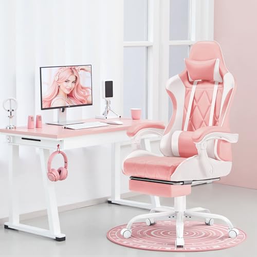 Homall Gaming Chair, Computer Chair with Footrest and Massage Lumbar Support, Ergonomic High Back Video Game Chair with Swivel Seat and Headrest (Pink) - color: Pink