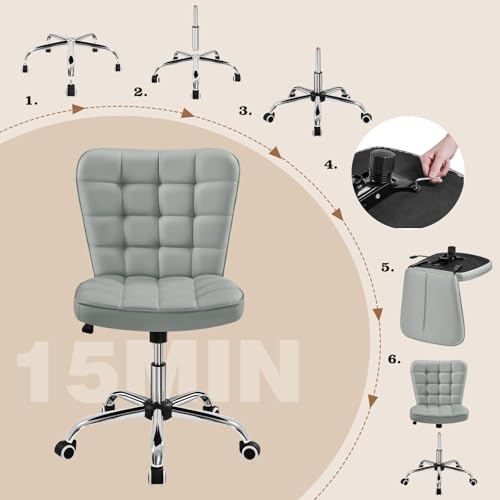 Yaheetech Light Gray Tufted Armless Desk Chair with Wheels, Faux Leather - color: Light Gray