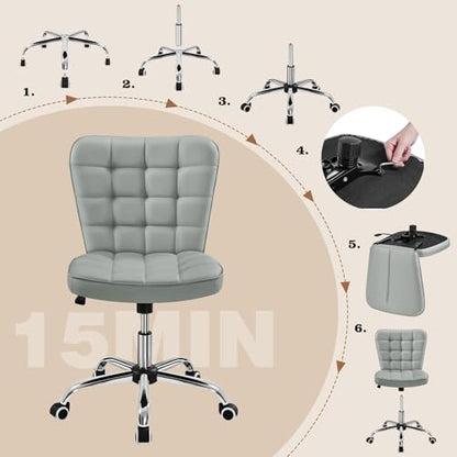Yaheetech Light Gray Tufted Armless Desk Chair with Wheels, Faux Leather - color: Light Gray