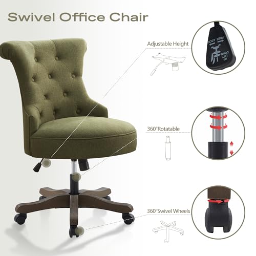 HUIMO Home Office Chair Upholstered Armless Swivel Desk Chair with Wheels | Adjustable Height Computer Desk Chair with Wooden Legs linen Comfortable Swivel Chairs for Farmhouse Study Studio Green - color: Green