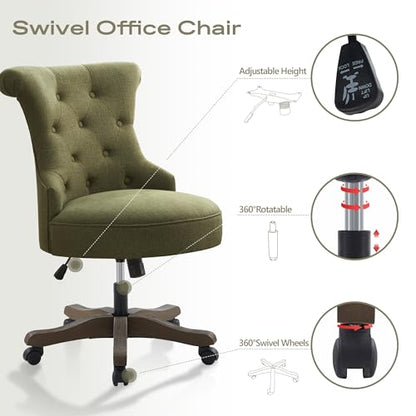 HUIMO Home Office Chair Upholstered Armless Swivel Desk Chair with Wheels | Adjustable Height Computer Desk Chair with Wooden Legs linen Comfortable Swivel Chairs for Farmhouse Study Studio Green - color: Green