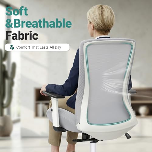 Big and Tall Home Office Desk Chair 400lb Capacity for Heavy People, Ergonomic Wide Mesh Desk Chair with Stepless Recline & Lock, 5.5" Thick Cushion, High Back, Adjustable Height & Armrests - color: White