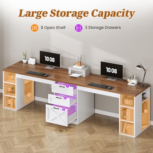 SEDETA Farmhouse 96.5" 2 Person Computer Desk with Storage Drawers | Home Office Desk, Gaming Double Desk, Long Two Person Writing Desk with Shelves, White and Brown - color: White and Brown