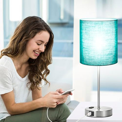 Lynnoland Green Touch Table Lamps Set of 2 with 2 USB & AC Outlet, 3-Way Dimmable Bedside Nightstand Lamps for Bedroom Lamps Living Room Nursery, 800 Lumens 5000K Daylight Bulbs Included - color: Green & Brushed Nickel (Base) - 5000K