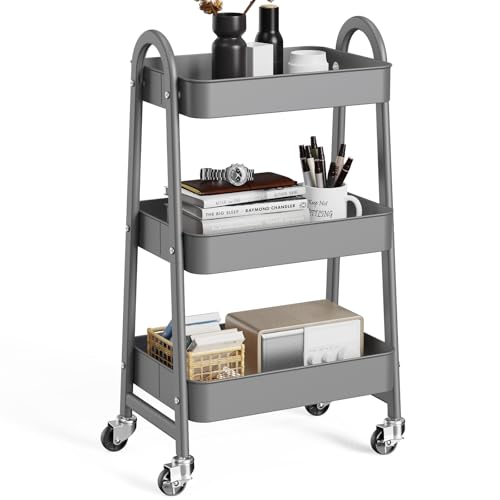 OLIXIS Metal Rolling Storage Utility Cart with Lockable Wheels 3 Tiers - color: Light Gray, size: 3-Tiered 17 inches