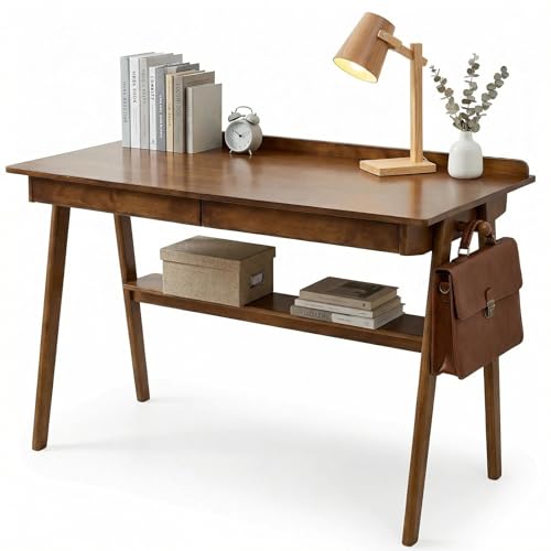 KEIKI Solid Wood Writing Desk with Drawers, 47" Computer Desk with Shelf for Home Office Work, Study, Walnut - color: Walnut W/Shelf