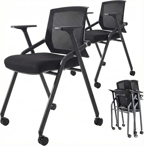 16 Pack Stackable Conference Room Chairs with Paddle Folding Office Chair Foldable Desk Chair Mesh Back and Arms for Conference Meeting Guest Reception Home Office Training Room Chair Black - color: Black, size: 18 Pack