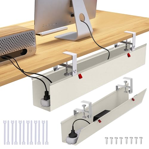 36" Under Desk Cable Management Tray for Home Office, No Drill Cord Organizer for Glass & Wood Table, Anti-Sag Oxford Fabric Wire Management Hider, Fits Surge Protector (Beige, 36") - color: Beige, size: 36"×5.6"