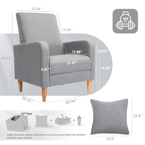 COLAMY Mid-Century Modern Accent Chair, Fabric Upholstered Living Room Chair with Back Pillow & Solid Wood Legs, Comfy Armchair for Living Room, Bedroom, Single Sofa, Grey - color: Grey, size: Set of 1