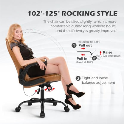Executive Office Chair,Big and Tall Ergonomic Desk Chair with Adjustable Lumbar Support,Breathable PU Leather Computer Chair wih Flip-up Arms and Wheels, Camel - color: Camel-