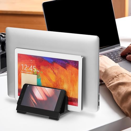 Zerodeko Adjustable Vertical Laptop Stand Dual Slot Desktop Organizer Black Space-Saving Laptop Holder for Office Workspace
