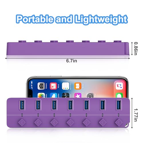 USB Hub 7 Port, USB Splitter with Individual On/Off Switches and Lights - color: Purple