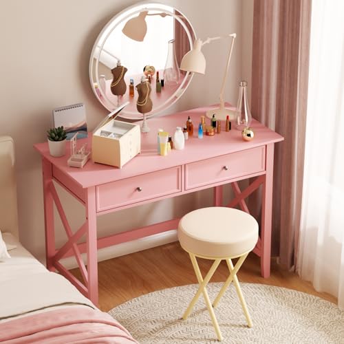 Lewahom Writing Computer Desk with Drawers, Cute Modern Table for Bedrooms, Pink Vanity Table Office Desk with Drawers, Home Computer Desk for Girls Living Room Entryway, Pink - color: Pink