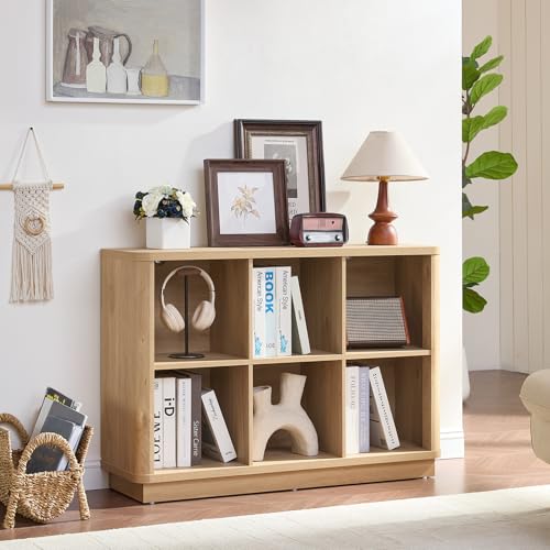 Joaxswe 6 Cube Storage Book Shelf, 40" Wide Low Horizontal Bookcase with Curved Edge, Floor Standing 2-Tier Wooden Bookshelf with Base, Modern Short Book Case for Bedroom, Study, Entryway, Natural Oak - color: Natural Oak, size: 6 Cube (11.81"D x 40.5"W x