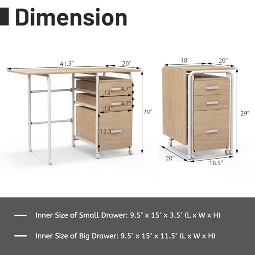 GIANTEX Folding Desk for Small Space, Rolling Home Office Desk with 3 Drawers & Lockable Universal Wheels, Mobile Study Writing Desk for Dorm Apartment Bedroom (Natural) - color: Natural