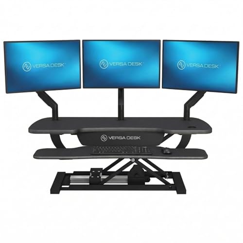 VERSADESK PowerPro 40 Inch Electric Standing Desk Converter – Push-Button Height Adjustable Sit to Stand Desk Riser for Triple Monitors & Laptop – Motorized Desktop Workstation with Wide Keyboard Tray - color: Black, size: 40" Wide