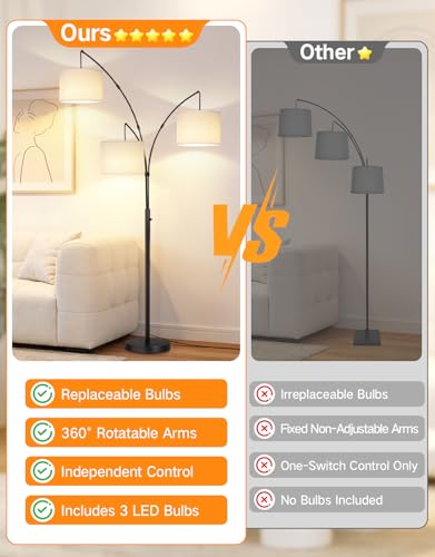 OUTON Arc Led Floor Lamp, Modern Black 3 Light Tall Floor Lamp for Bedroom, 2400lm Mid Century Adjustable Standing Corner Lamps for Living Room Office, 3 LED Bulbs Included, White Lampshade - color: Black+White Shade