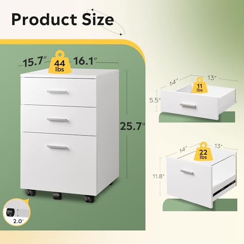 DEVAISE 3 Drawer Wood Mobile File Cabinet, Rolling Filing Cabinet for Letter/A4 Size, White - color: White, size: 15.7"D x 16.2"W x 25.7"H