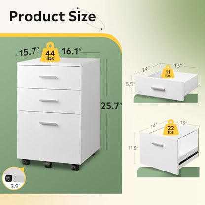 DEVAISE 3 Drawer Wood Mobile File Cabinet, Rolling Filing Cabinet for Letter/A4 Size, White - color: White, size: 15.7"D x 16.2"W x 25.7"H