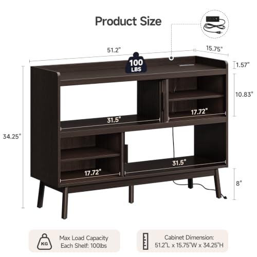ONBRILL 51.2" Sideboard Buffet Cabinet with Outlet & Sliding Door, Brown - color: Brown, size: 51.2"