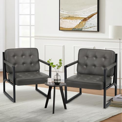 COLAMY Accent Chairs Set of 2, Modern Accent Arm Chairs for Living Room, Comfy Leather Armchairs with Metal Legs for Bedroom Reception Room, Grey - color: Grey, size: Set of 2