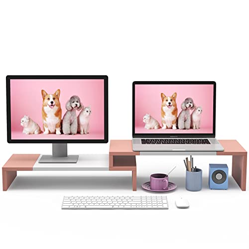 WESTREE Dual Monitor Stand - Monitor Stand Riser - 2 Shelf Computer Monitor Stand with Adjustable Length and Angle, Monitor Stands for 2 Monitors, Desktop Organizer Stand Office Furniture for PC, Computer, Laptop - color: Pink