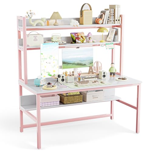 Aquzee Pink Desk with Shelves, Computer Desk with Hutch, 55 Inch - color: Pink, size: 55inch