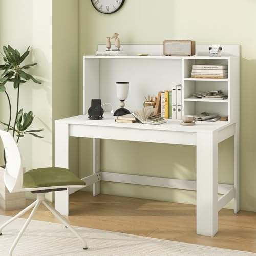 GIANTEX Computer Desk with Hutch, Modern Home Office Desk with Power Outlets, Storage Shelves & Cable Hole, Makeup Vanity Table, Study Writing Desk for Bedroom Office Small Space, White - color: White