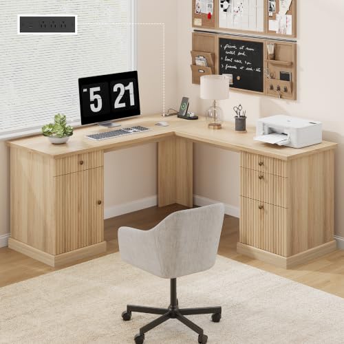 Garvee 60" Fluted L Shaped Desk with File Drawer, Corner Desk with Storage - color: Oak, size: 60"D x 60"W x 30"H