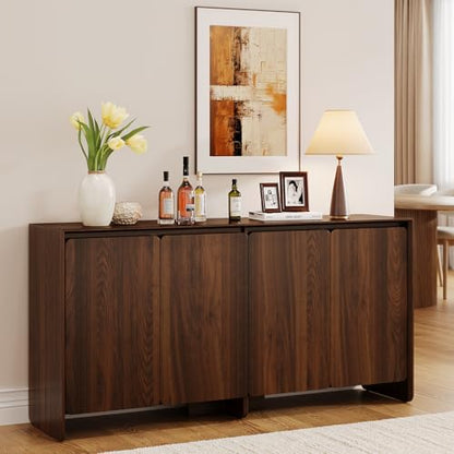 63" Sideboard Buffet Cabinet with Storage, Buffet Sideboard Cabinet with 4 Doors & Adjustable Shelves, Modern Coffee Bar Console Table for Living Room, Kitchen, Entryway - color: Walnut