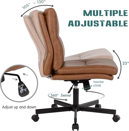 LUCKWIND Armless Office Desk Chair with Wheels, Mid-Back Criss Cross Swivel Task Chair, Height Adjustable Cushioned Vanity Chair, Double Padded PU-Leather Chairs for Home, Office & Bedroom (Brown) - color: Brown
