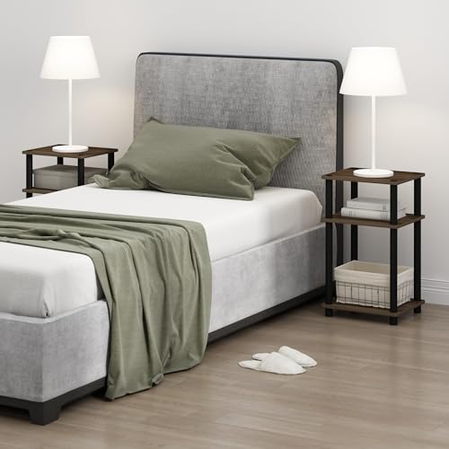 Furinno JUST Side Table, 3-Tier End Table, Open Shelves Night Stand, Bedside Table, Toolless Assembly, for Living Room, Bedroom, Bathroom, Columbia Walnut - color: Columbia Walnut/Black, size: 3-Tier, Round Pole, style: 1-Pack