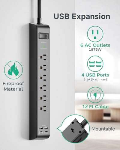 2 Pack Power Strips Surge Protector, 12FT Flat Extension Cord, Flat Plug - size: 12 FT, style: Flat Extension Cord
