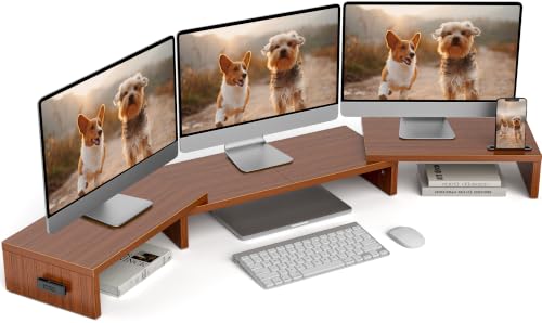 BONTEC Triple Monitor Stand Riser with Smartphone Holder, Walnut - color: Walnut, size: 53.3 in